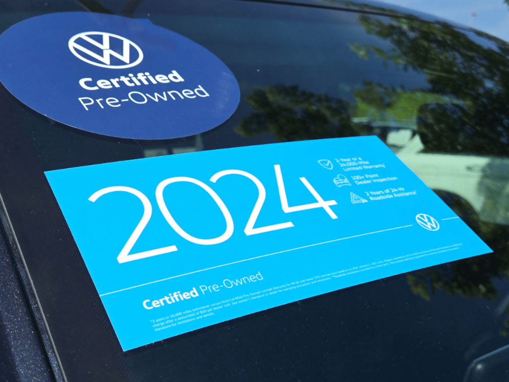 Volkswagen CPO Certified Pre-owned Sticker on Volkswagen Vehicle at Fayetteville VW Dealership