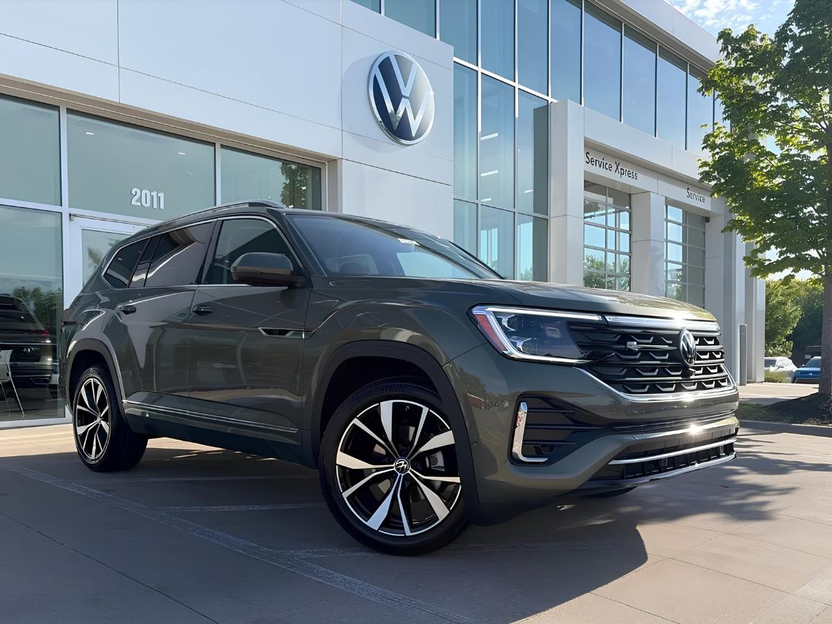 Volkswagen Atlas in Fayetteville, AR parked at Crain Volkswagen dealership with three row SUV design