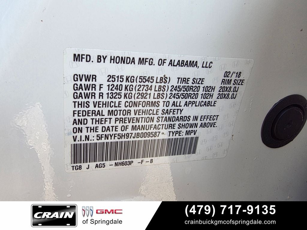 2018 Honda Pilot Touring Nav / Rear DVD / Honda Sensing